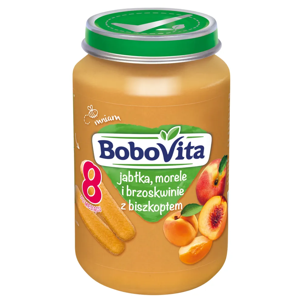 BoboVita deserek dla dzieci o smaku jabłka, moreli i brzoskwiń z biszkoptem, 190 g