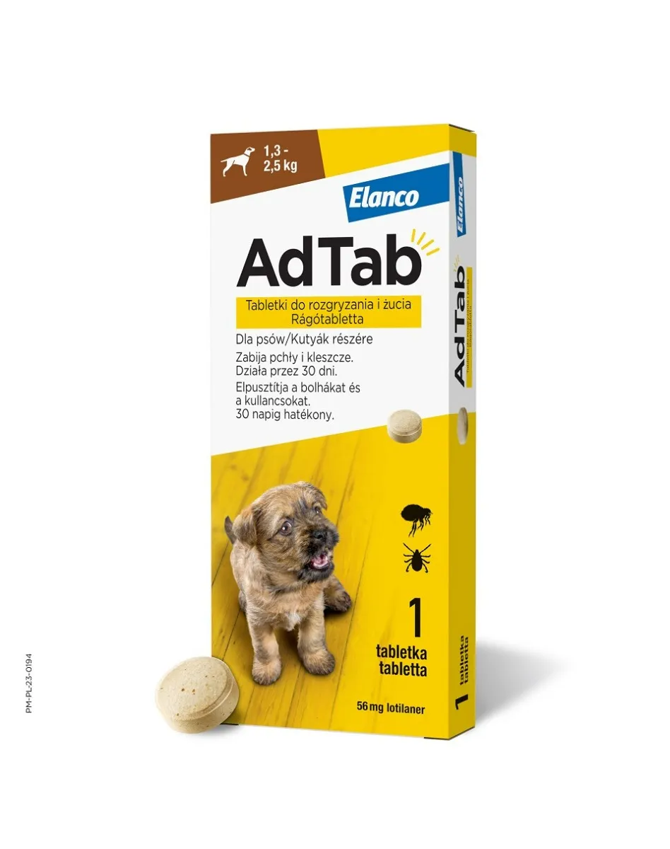 AdTab, 56 mg, tabletki do rozgryzania i żucia dla psów (1,3–2,5 kg), 1 sztuka