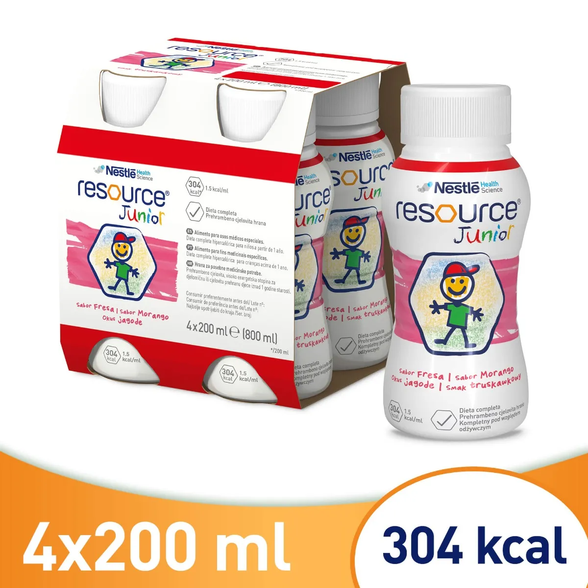 *Resource Junior, odżywczy preparat w płynie dla dzieci po 1. roku życia, smak truskawkowy, 4x200 ml