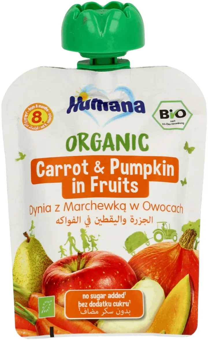 Humana 100% Organic mus owocowo-warzywny dynia i marchewka w owocach, 90 g
