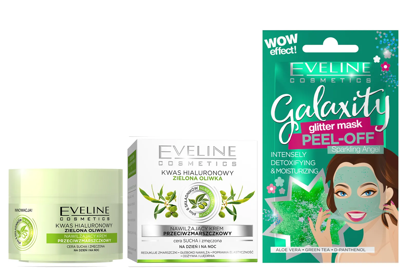 Eveline Cosmetics nawilzajacy krem przeciwzmarszczkowy kwas hialuronowy + zielona oliwka, 50 ml + Eveline Cosmetics Detoksykująco-nawilżająca maseczka peel-off z połyskującymi drobinkami, 10 ml
