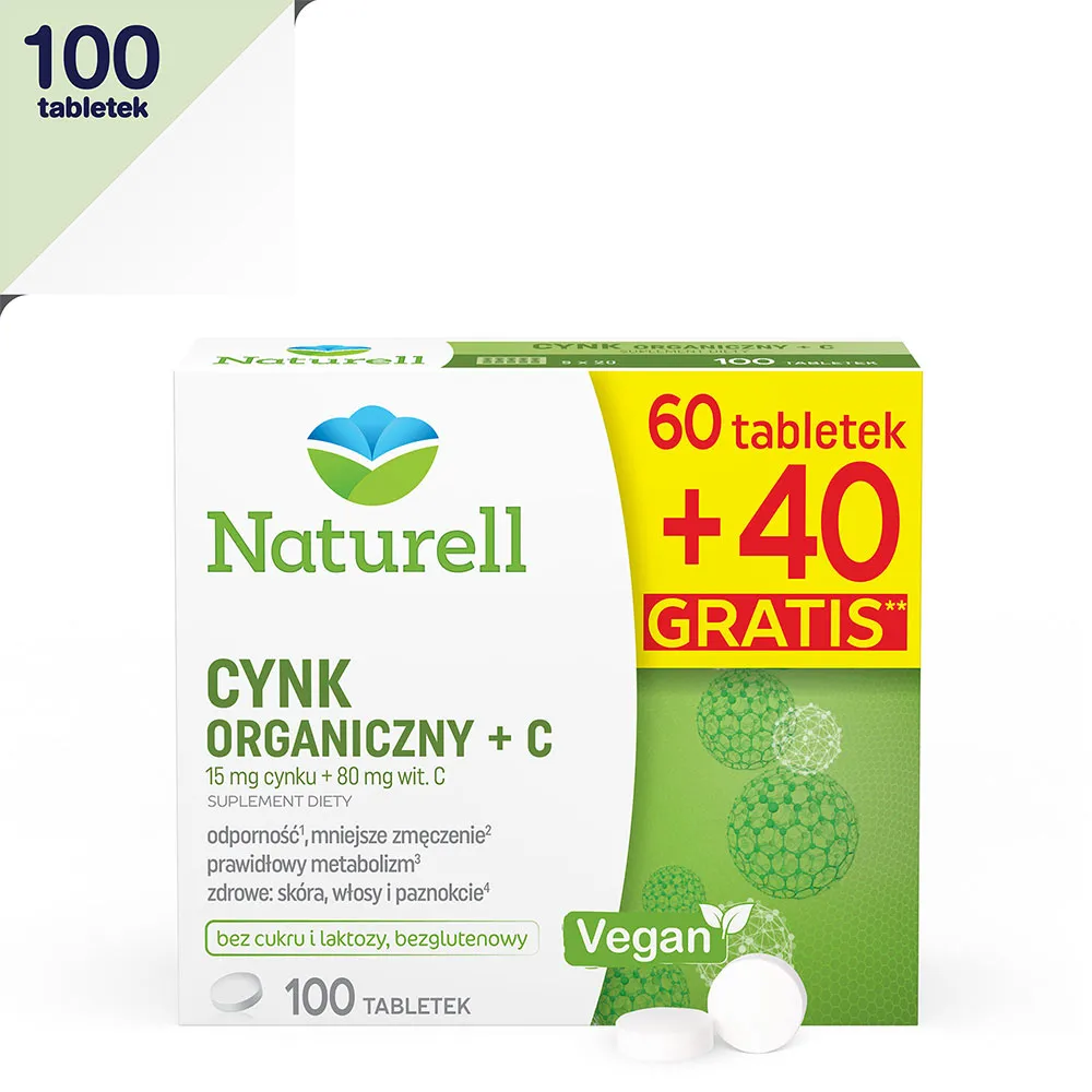 Naturell Cynk Organiczny + C, suplement diety, 60 tabletek + 40 tabletek gratis