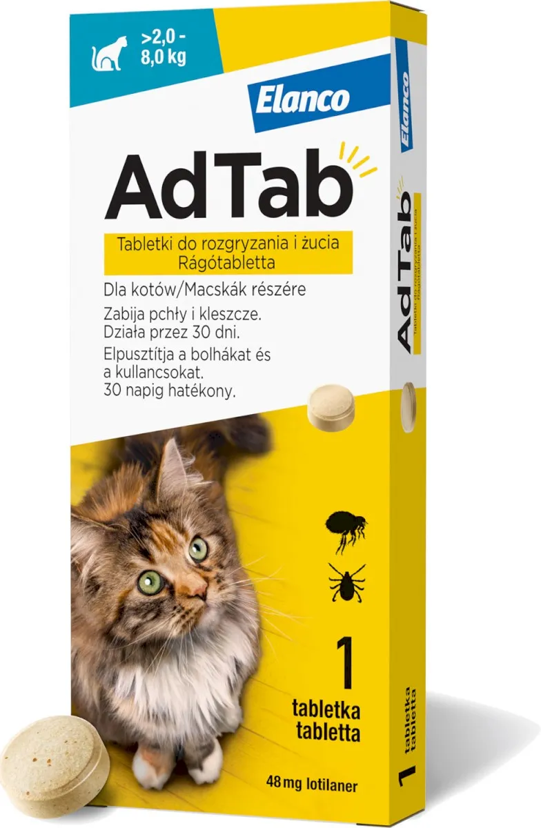 AdTab, 48 mg, tabletki do rozgryzania i żucia dla kotów (>2,0–8,0 kg), 1 sztuka