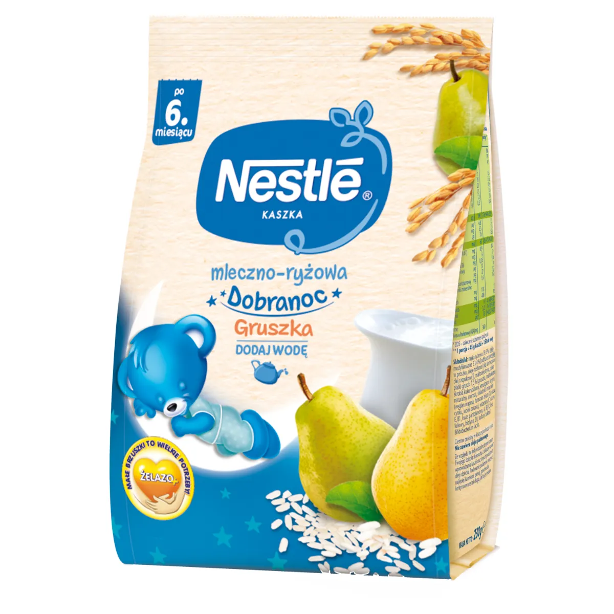 Nestle Dobranoc kaszka mleczno-ryżowa dla niemowląt po 6 miesiącu gruszka, 230 g
