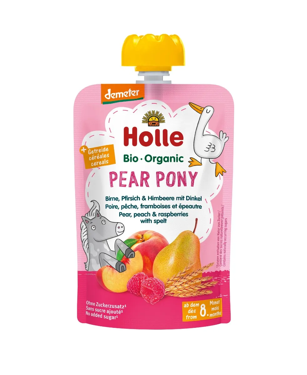 Holle BIO Pear Pony Mus Gruszkowy Kucyk z gruszek, brzoskwiń, malin i orkiszu dla niemowląt powyżej 8. miesiąca życia, 100 g