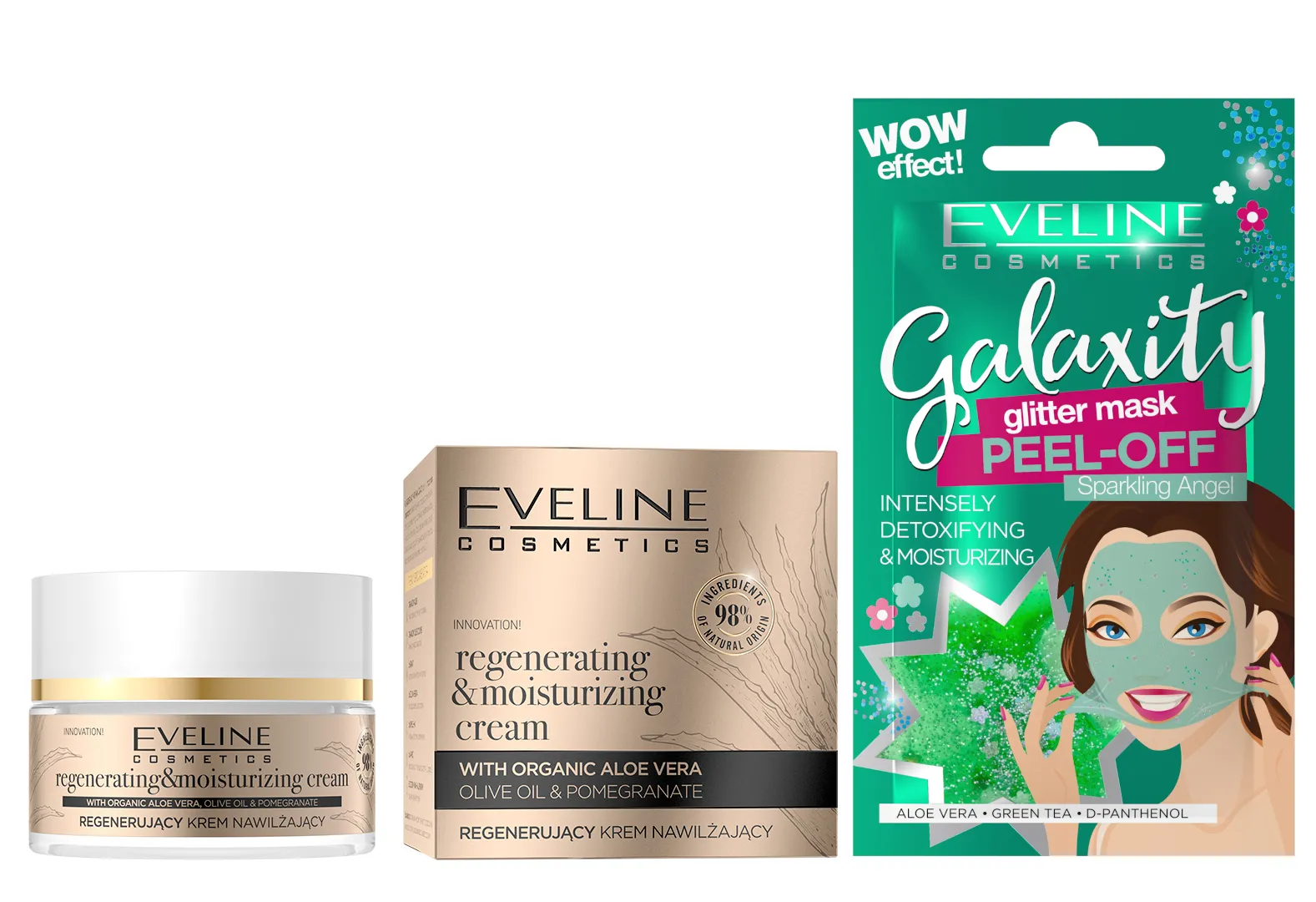 Eveline Cosmetics Organic Gold regenerujący krem nawilżający, 50 ml + Eveline Cosmetics Detoksykująco-nawilżająca maseczka peel-off z połyskującymi drobinkami, 10 ml